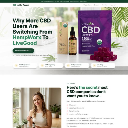 Product website with the title 'CBD Insider Report - Comparison landing page'