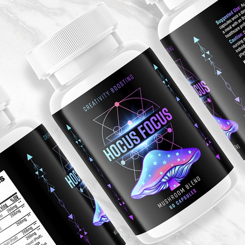 Focus design with the title 'Mushroom Product Label Design'