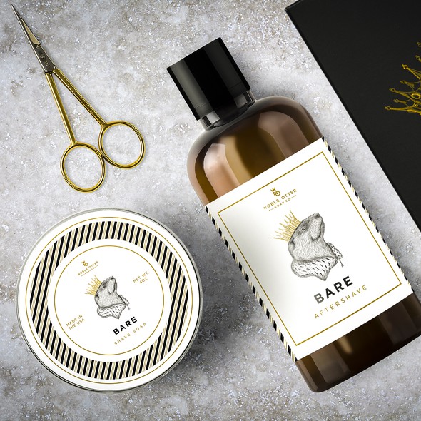 Elegant label with the title 'Crowned Otter for Bare Aftershave and Shave soap'