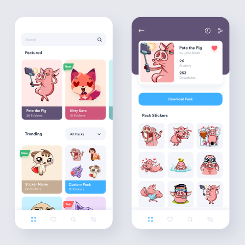 Interface design with the title 'App design for Sticker Packs'