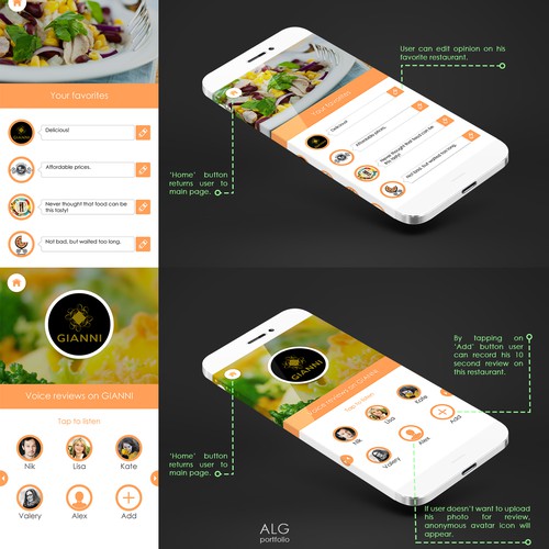 Review design with the title 'Minamilistic Resturants Suggestion app design for Shnakel'