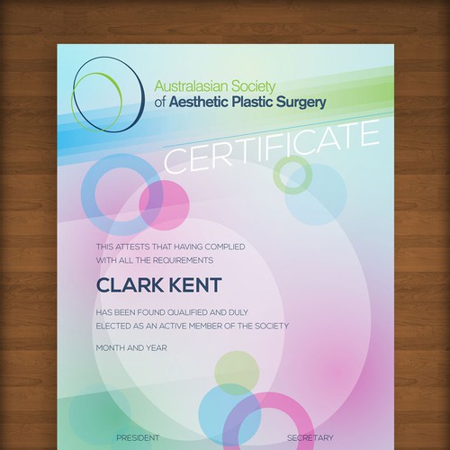 Certificate design with the title 'Help The Australasian Society of Aesthetic Plastic Surgery with a new design'