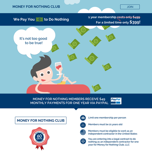 Price design with the title 'Landing page for Money for Nothing Club'