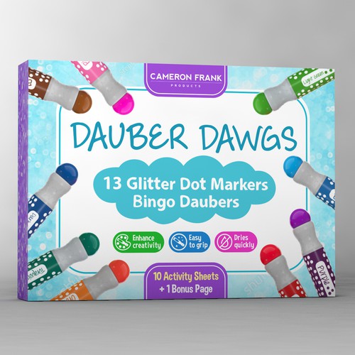Toy packaging with the title 'Modern package design concept for glitter dot markers product'