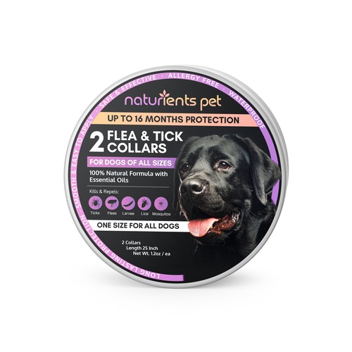 Shop packaging with the title 'Flea & Tick collar design for Naturients Pets'
