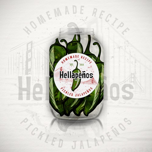 Golden Gate bridge logo with the title 'Hellapeños - Homemade recipe of pickled jalapeños'