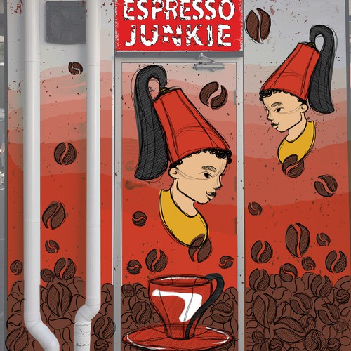 Coffee shop illustration with the title 'Mural illustration for a coffee kiosk'