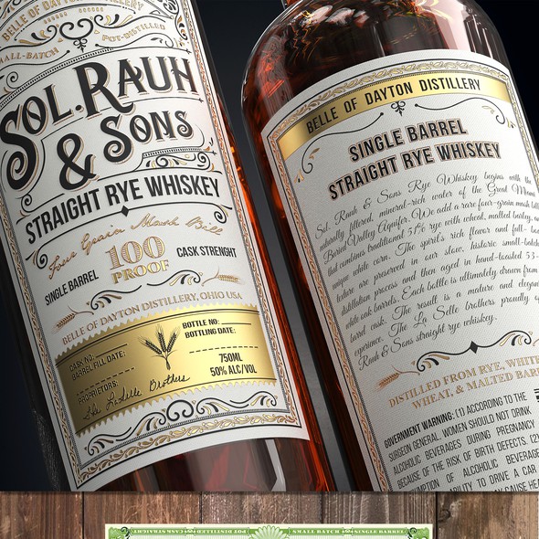 3D rendering design with the title 'Vintage Rye Whiskey Label for Craft Distillery'