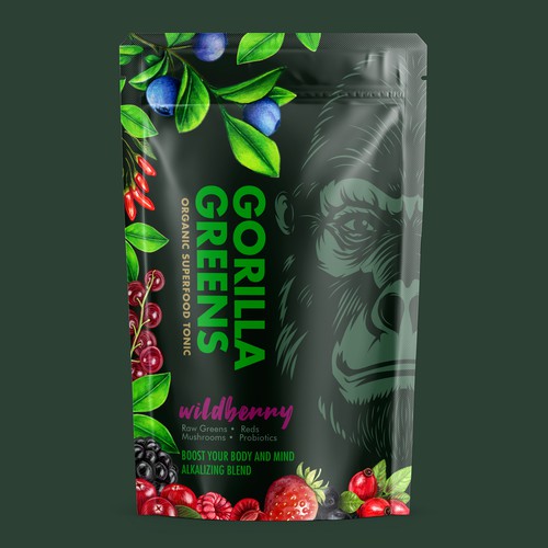 Superfood packaging with the title 'Gorilla Greens Supertonic Foods'