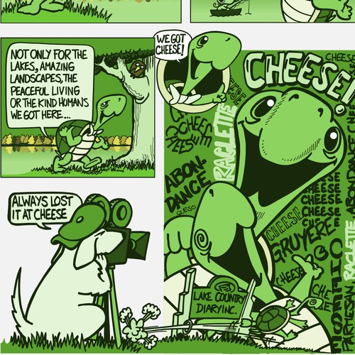 Turtle illustration with the title 'Cheese factory comic for package'