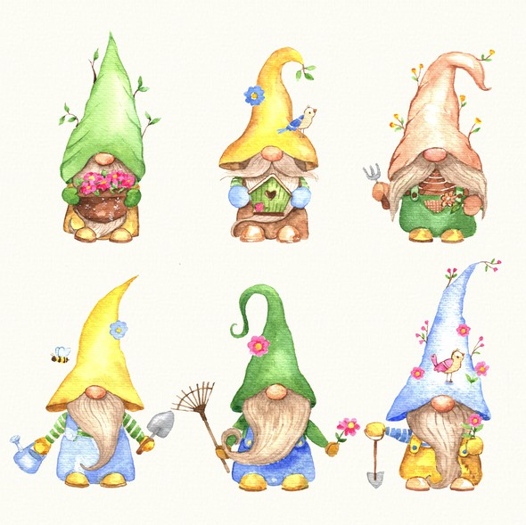 Aquarelle illustration with the title 'Spring Gnomes watercolor illustration 🌸 🌱 🌼🌱'