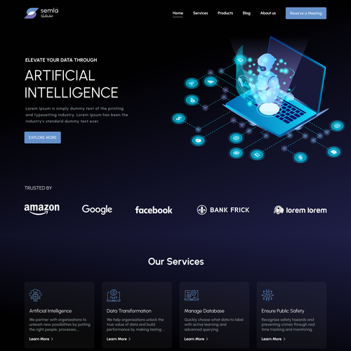 Product design website with the title 'Artificial Intelligence Website'