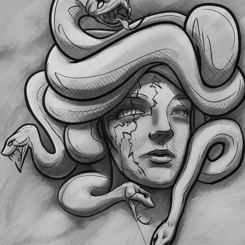 Greek mythology design with the title 'Sketch for Medusa tatto'