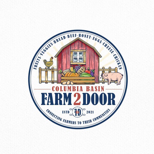 Watercolor design with the title 'Farm 2 Door'