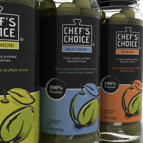 Photo design with the title 'Labels for line of stuffed olives'