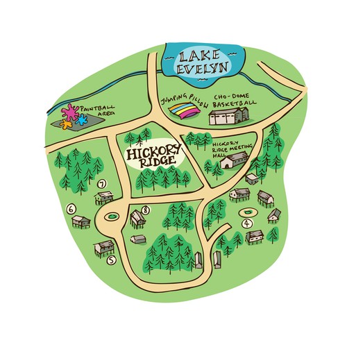 Map artwork with the title 'Hand drawn site map for a summer camp in Texas'