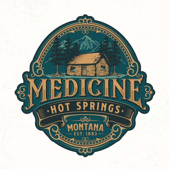 Cabin logo with the title 'Medicine Hot Springs'