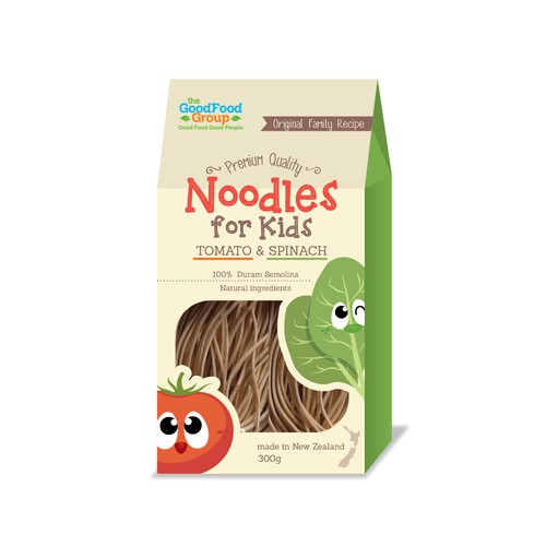 Food packaging with the title 'Noodles for Kids'