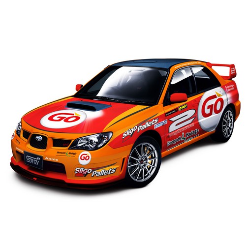 Rally design with the title 'Rally Car Vehicle Wrap Design - Subaru s12b wrc forGO PETROLEUM'