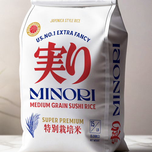 Japanese packaging with the title 'Minori Medium Grain Sushi Rice Packaging'
