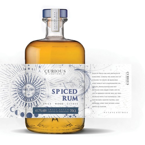 Art label with the title 'curious spiced rum label design'