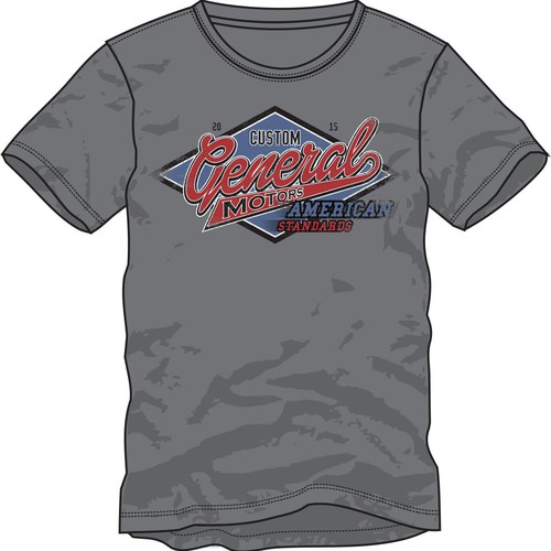 Stamp t-shirt with the title 'Create a GENERAL MOTORS garage, auto shop, vintage design for a MENS TSHIRT'