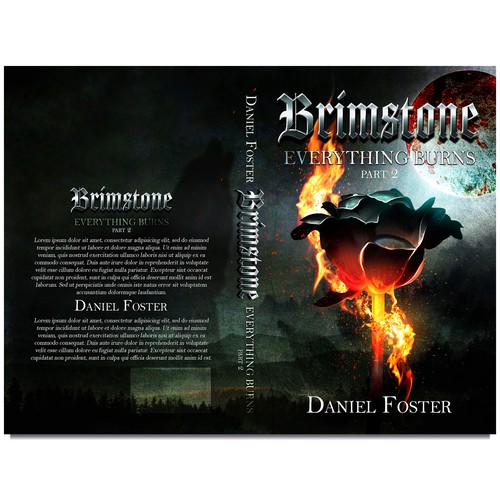 Collage book cover with the title 'Book cover for grim fantasy BRIMSTONE'