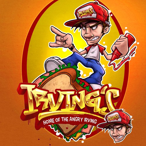 Skateboard artwork with the title 'The Angry Irving mascot design'