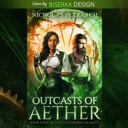 Steampunk book cover with the title 'Outcasts if Aether Cover by Biserka Design'