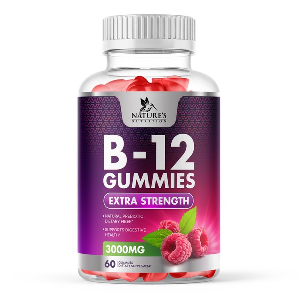 Purple and pink design with the title 'B12 Raspberry Gummies Label Design'