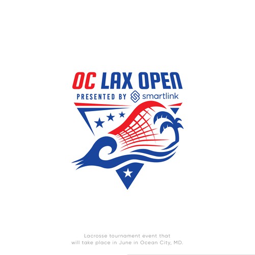 Lacrosse logo with the title 'Powerful Logo for Lacrosse Tournament Event "OC LAX OPEN"'
