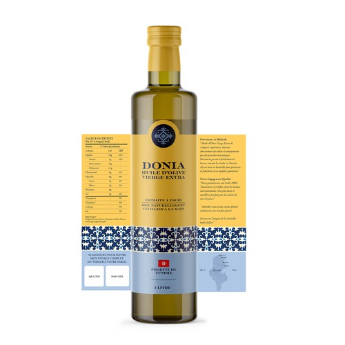 Olive oil label with the title 'Donia Extra Virgin Olive Oil'