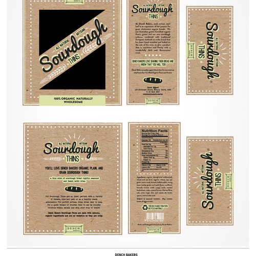 Bright packaging with the title 'Dench Sourdough Thins packaging'