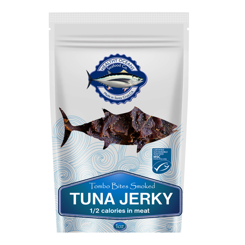 Jerky packaging with the title 'Snackable, sustainable, local seafood that competes with beef jerky'