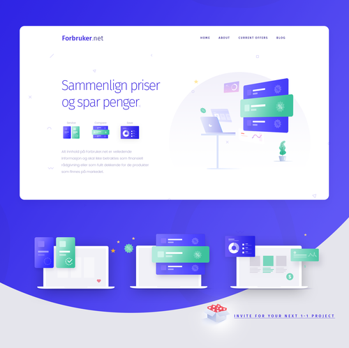 Creative website with the title 'Forbruker website design with illustrations'