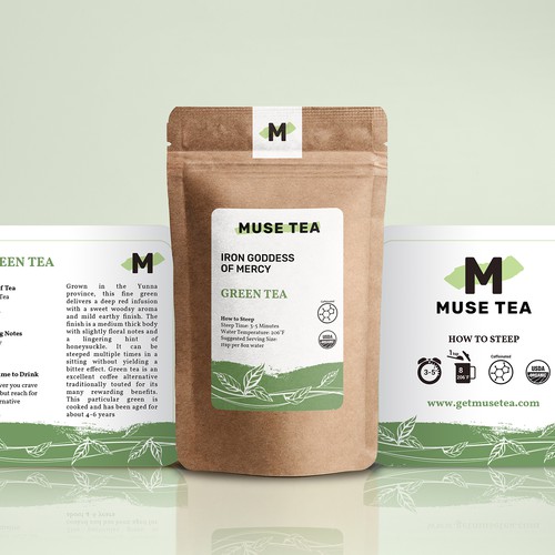 Green tea packaging with the title 'Stand-up Label for different kind of Tea product'