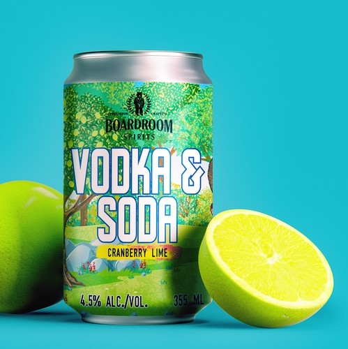Product label with the title 'Label design for Vodka & Soda, Cranberry Lime'
