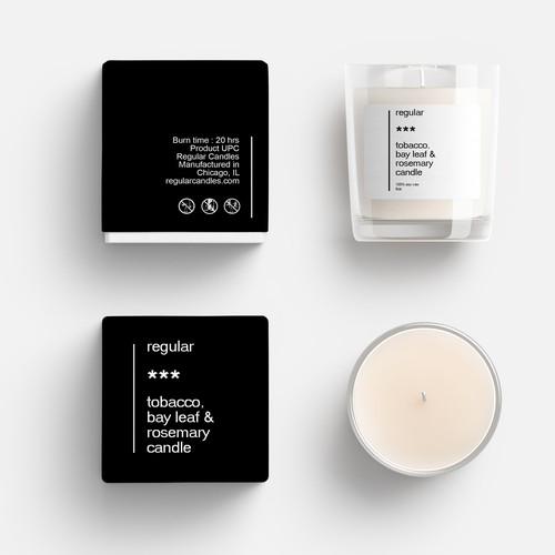 Home packaging with the title 'Product Packaging - Regular A** Candles '