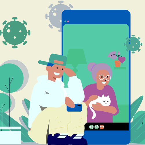 Postcard illustration with the title 'Una cartolina da Covid19'