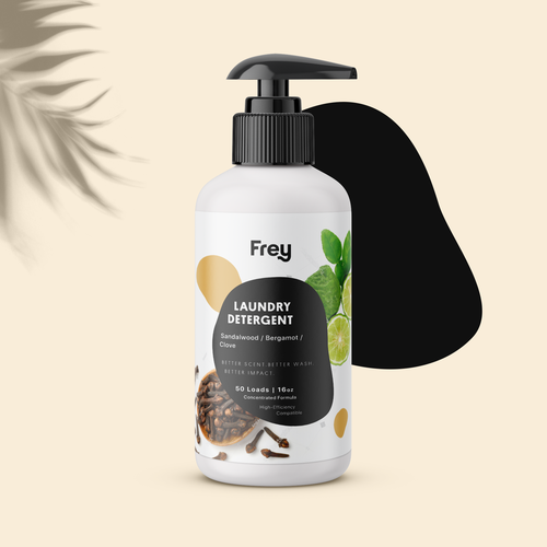 Laundry design with the title 'Detergent bottle design for Frey'