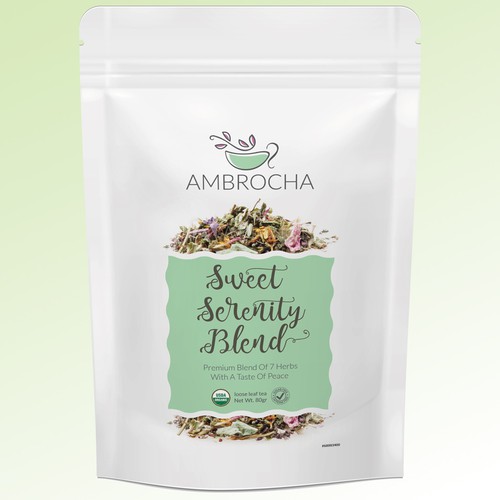 Tea label with the title ' Ambrocha - Organic Tea Stand-up Pouch Design'