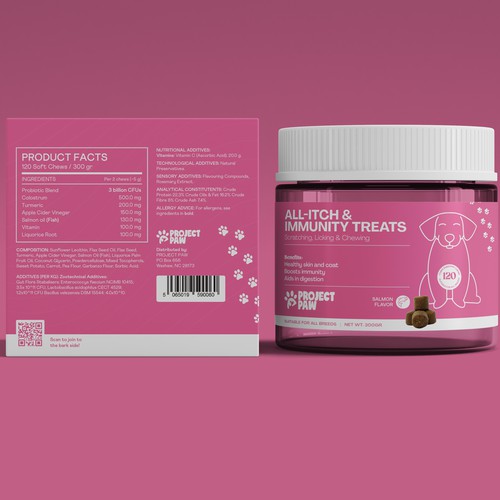 Pet food packaging with the title 'Project Paw All-Itch & Immunity Treats'