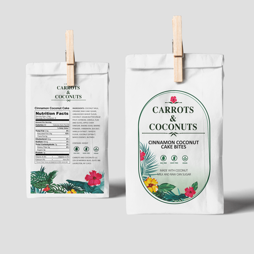 Flower label with the title 'Vegan cake bites label with a Caribbean flair'