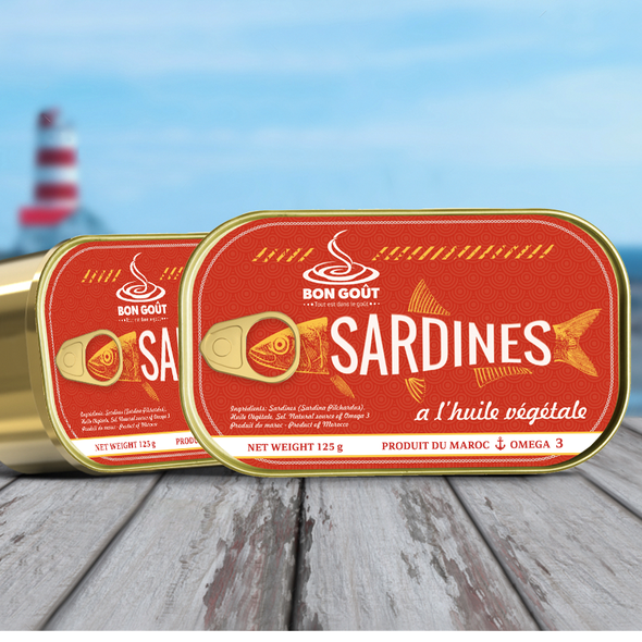 Color label with the title 'BonGout sardines, can design'
