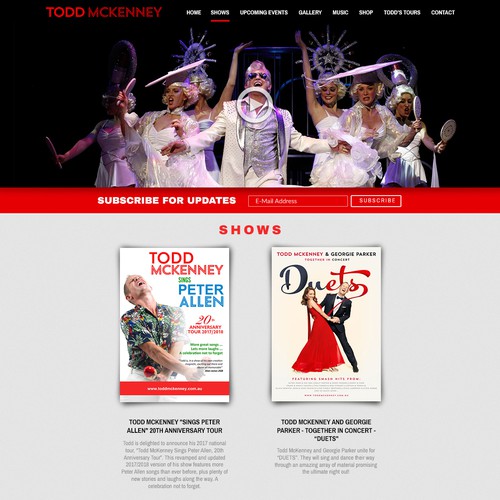 Red website with the title 'Showbizz Design for Australian TV Personality'