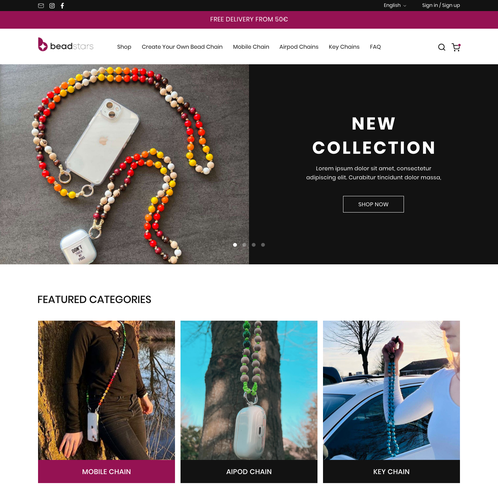 Fashion website with the title 'Homepage for colorful mobile chains'