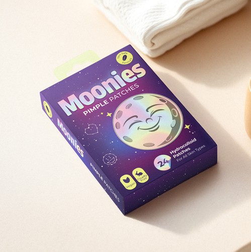 Purple packaging with the title 'Moonies – Pimple Patch Packaging'