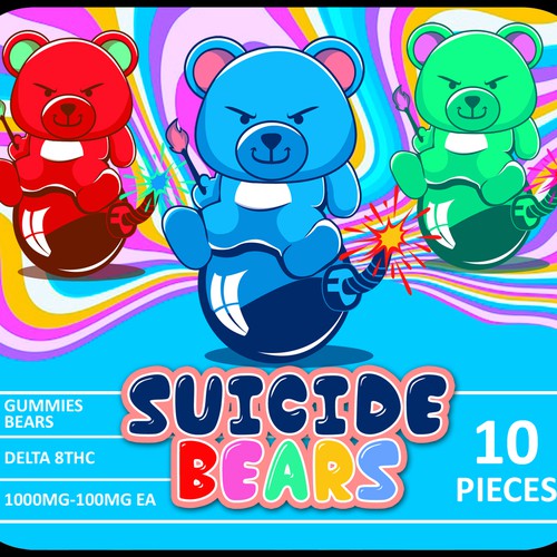 Cannabis label with the title 'Suicide Bears – THC Gummies Label Design'