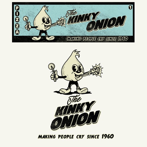 Pizza design with the title 'The Kinky Onion'