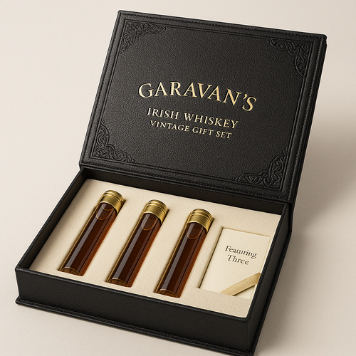 Glass packaging with the title 'Irish Whiskey Vintage Gift Set or Garavan’s Irish Whiskey Gift Set'